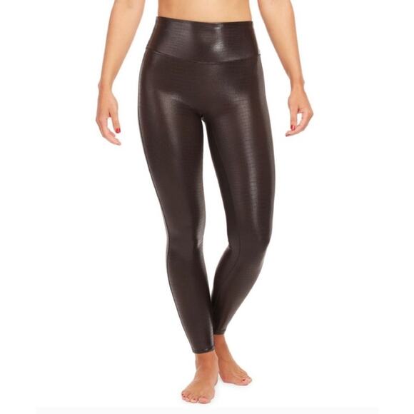 Spanx Faux Leather Croc Leggings Brown Black Size S Glossy Patent Animal Edgy - Picture 2 of 12